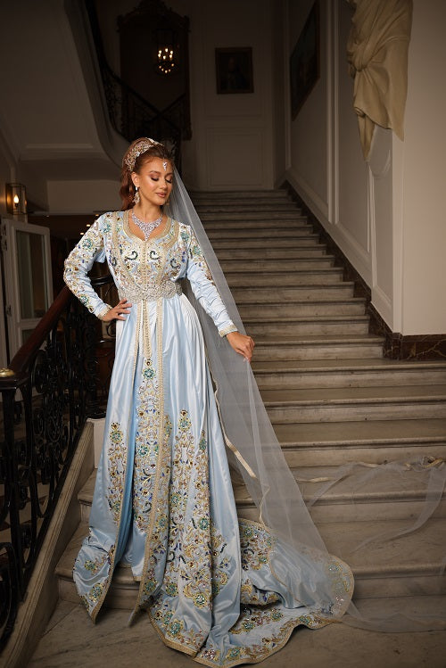 Caftan Robe Voile Bleu Élégant Bleu Clair Manches Longues Caftan